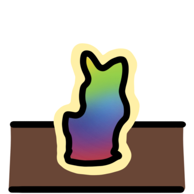 A vaguely spiky, rainbow-coloured shape with a light yellow outline on a brown shelf.